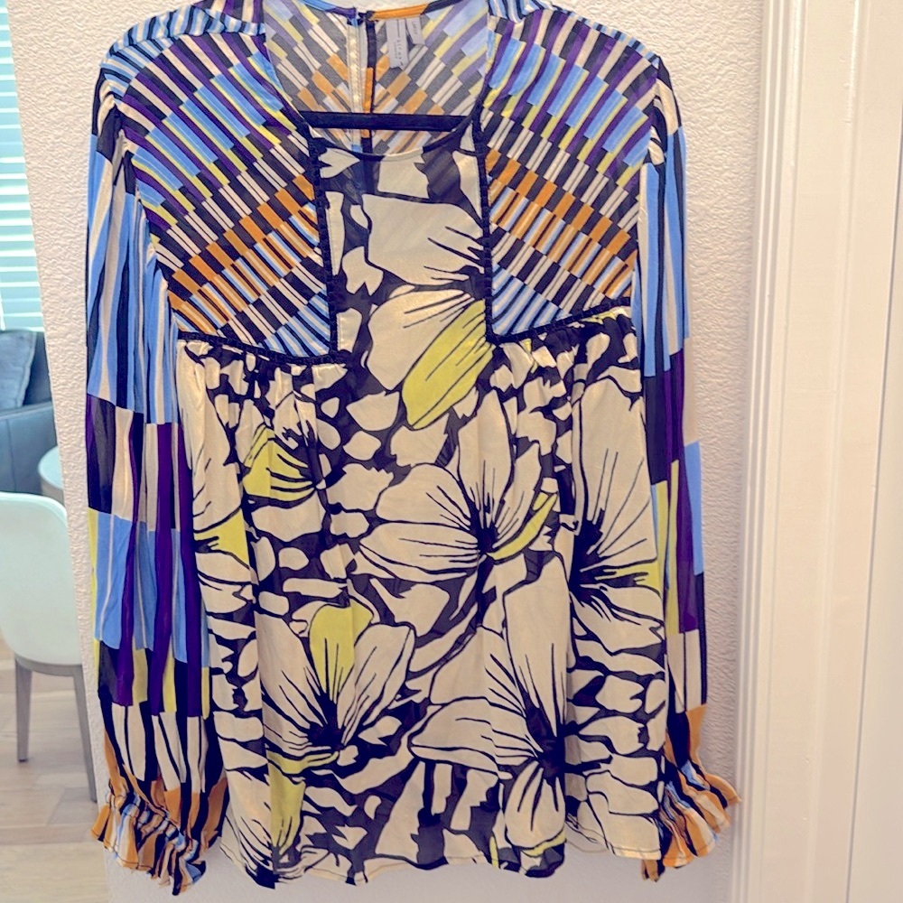 Anthropologie BL_NK Miranda Blue & Black LARGE Peasant Blouse (Gently Worn)